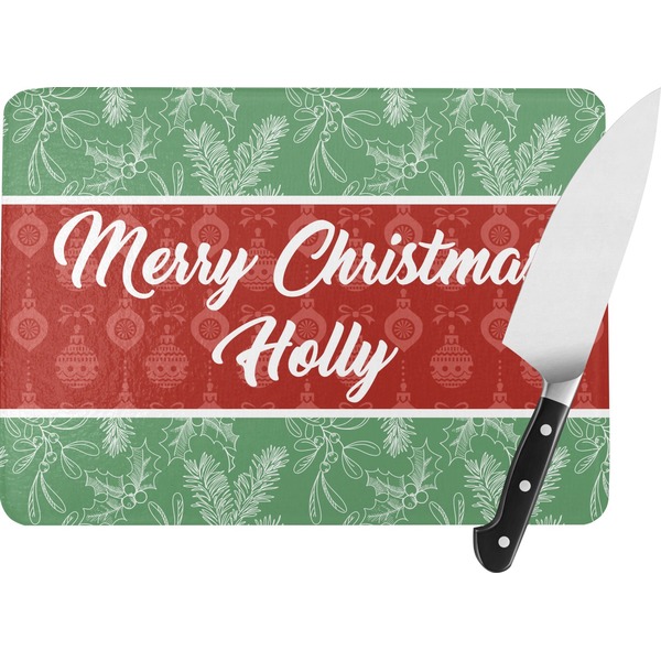 Custom Christmas Holly Rectangular Glass Cutting Board - Large - 15.25"x11.25" w/ Name or Text