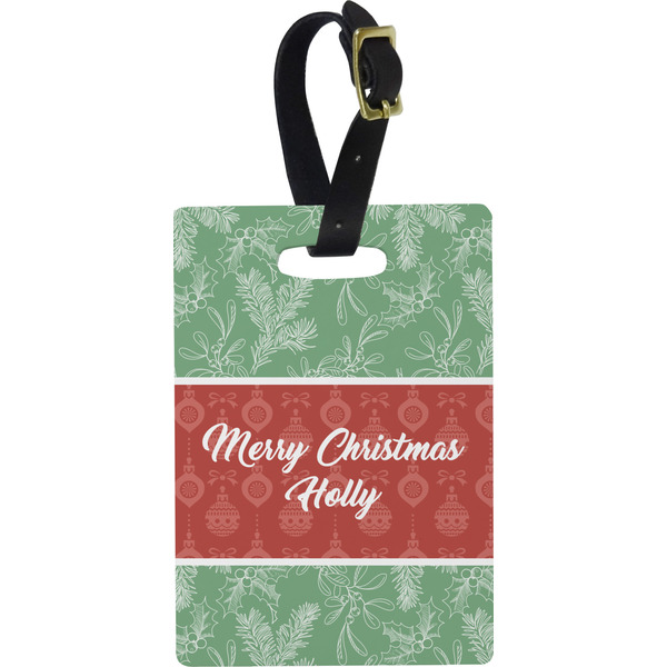 Custom Christmas Holly Plastic Luggage Tag - Rectangular w/ Name or Text