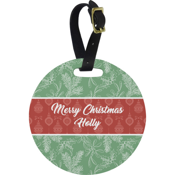 Custom Christmas Holly Plastic Luggage Tag - Round (Personalized)