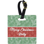 Christmas Holly Plastic Luggage Tag - Square w/ Name or Text