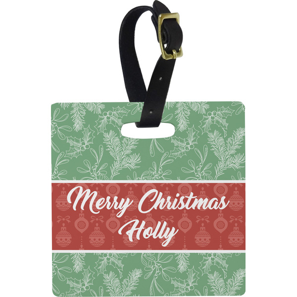 Custom Christmas Holly Plastic Luggage Tag - Square w/ Name or Text