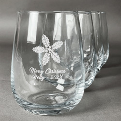 Christmas Holly Stemless Wine Glasses (Set of 4) (Personalized)
