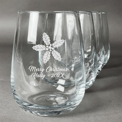 Christmas Holly Stemless Wine Glasses (Set of 4) (Personalized)