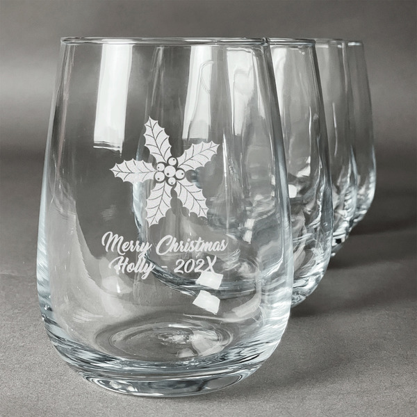 Custom Christmas Holly Stemless Wine Glasses (Set of 4) (Personalized)