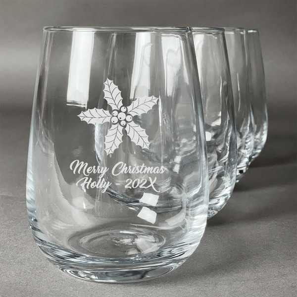 Custom Christmas Holly Stemless Wine Glasses (Set of 4) (Personalized)