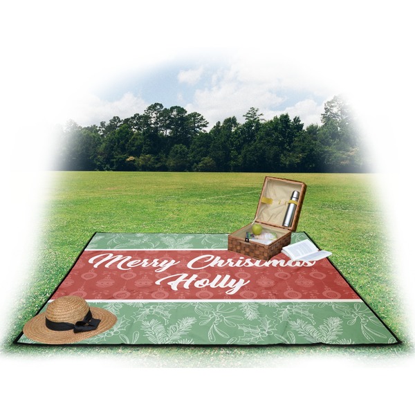 Christmas Holly Picnic Blanket - with Basket Hat and Book - in Use