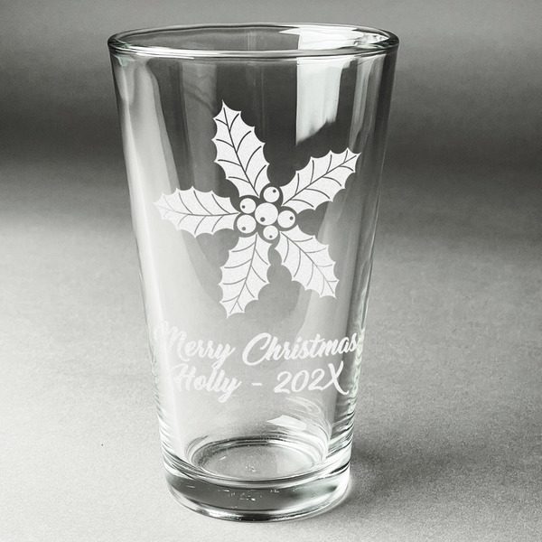 Custom Christmas Holly Pint Glass - Engraved (Single) (Personalized)