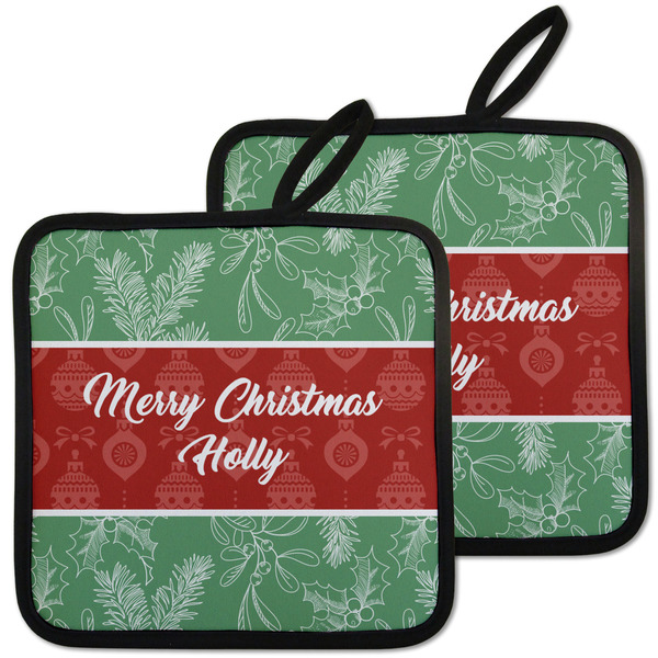 Custom Christmas Holly Pot Holders - Set of 2 w/ Name or Text