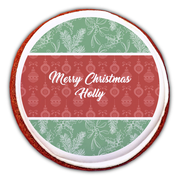 Christmas Holly Printed Icing Circle - Large - On Cookie