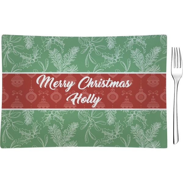 Custom Christmas Holly Rectangular Glass Appetizer / Dessert Plate - Single or Set (Personalized)