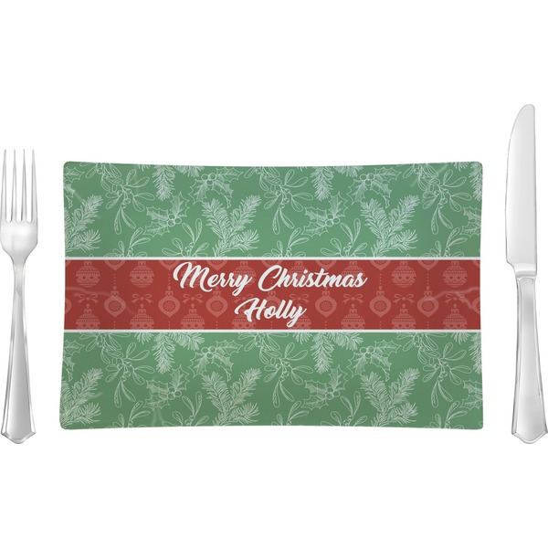 Custom Christmas Holly Rectangular Glass Lunch / Dinner Plate - Single or Set (Personalized)