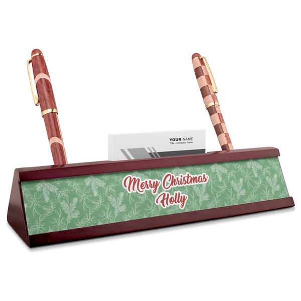 Custom Christmas Holly Red Mahogany Nameplate with Business Card Holder (Personalized)