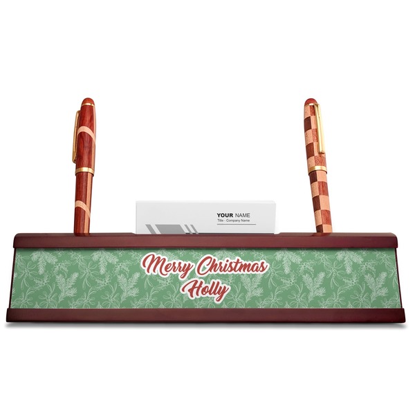 Christmas Holly Red Mahogany Nameplates with Business Card Holder - Straight