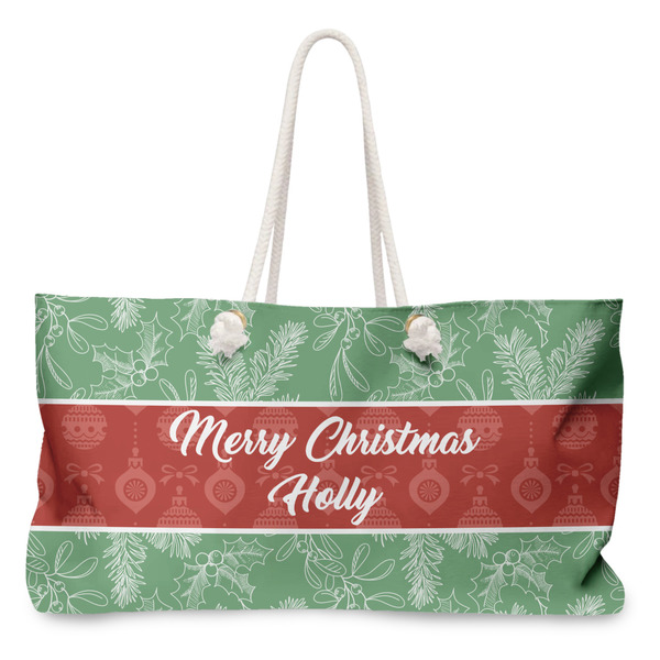 Custom Christmas Holly Large Tote Bag with Rope Handles (Personalized)