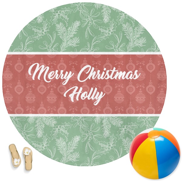 Custom Christmas Holly Round Beach Towel (Personalized)