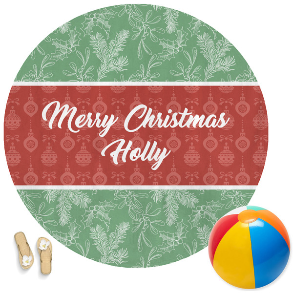 Custom Christmas Holly Round Beach Towel (Personalized)