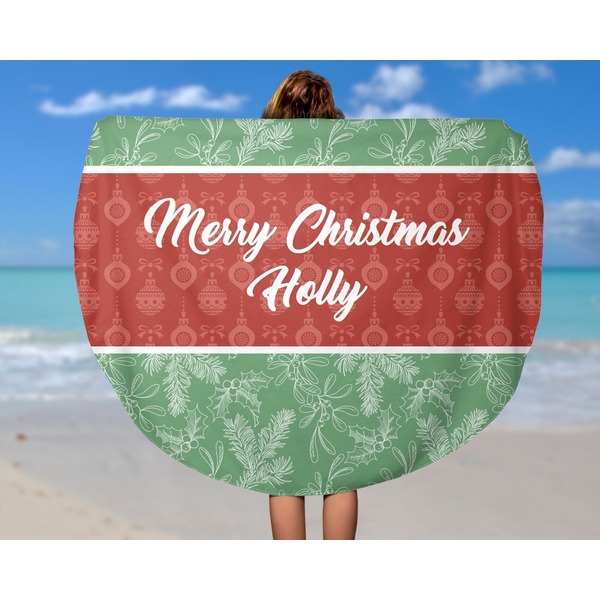 Christmas Holly Round Beach Towel - In Use