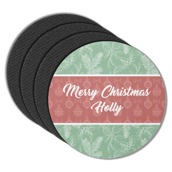 Custom Christmas Holly Round Rubber Backed Coasters - Set of 4 (Personalized)