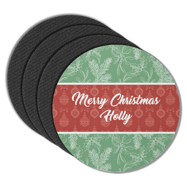 Custom Christmas Holly Round Rubber Backed Coasters - Set of 4 (Personalized)