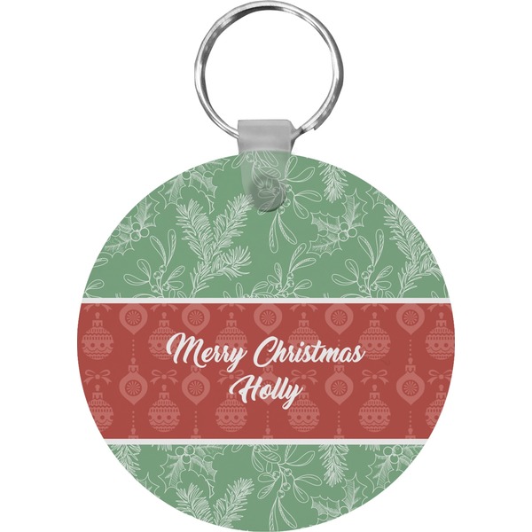Custom Christmas Holly Round Plastic Keychain (Personalized)
