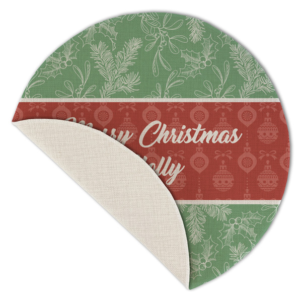 Christmas Holly Round Linen Placemats - Front (folded corner single sided)