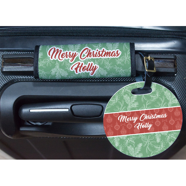 Christmas Holly Round Luggage Tag & Handle Wrap - In Context