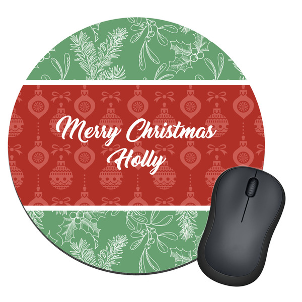 Custom Christmas Holly Round Mouse Pad (Personalized)