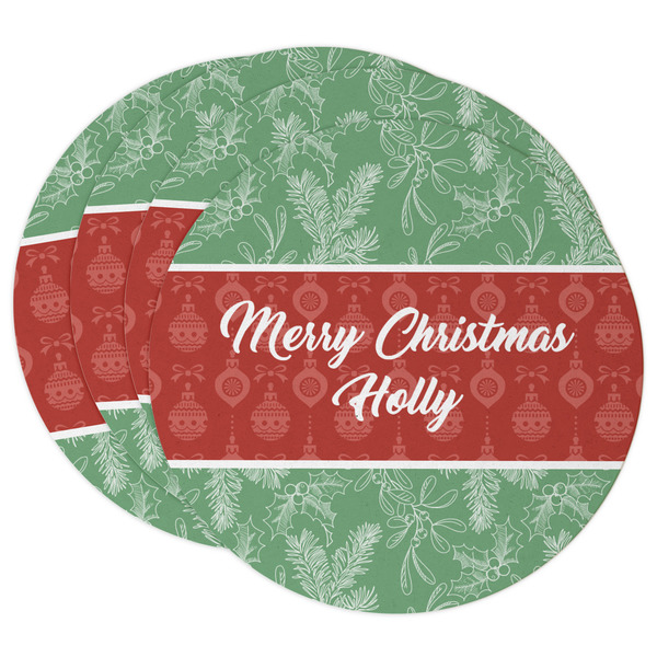 Custom Christmas Holly Round Paper Coasters w/ Name or Text