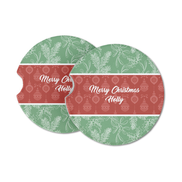 Custom Christmas Holly Sandstone Car Coasters - Set of 2 (Personalized)