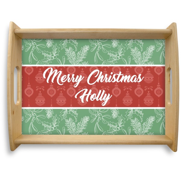 Custom Christmas Holly Natural Wooden Tray - Large (Personalized)