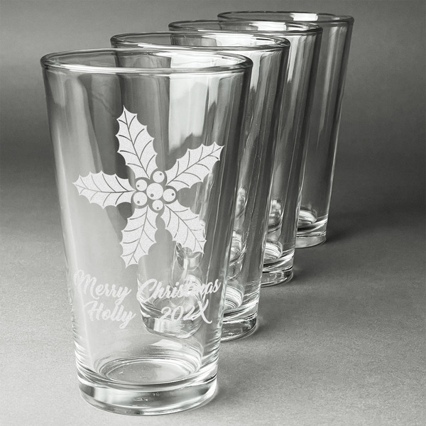 Custom Christmas Holly Pint Glasses - Engraved (Set of 4) (Personalized)