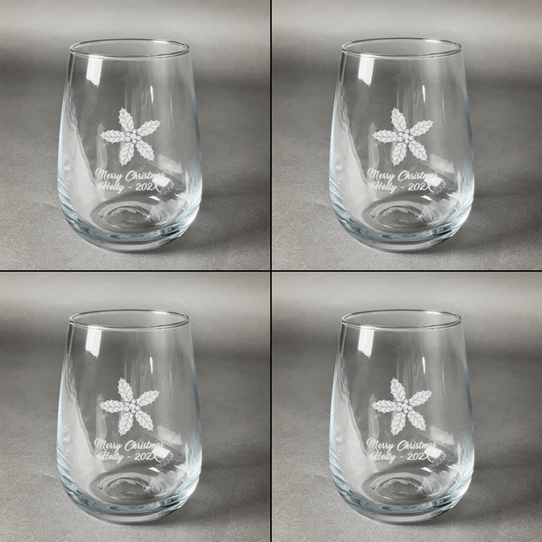 Christmas Holly Set of Four Personalized Stemless Wineglasses (Approval)