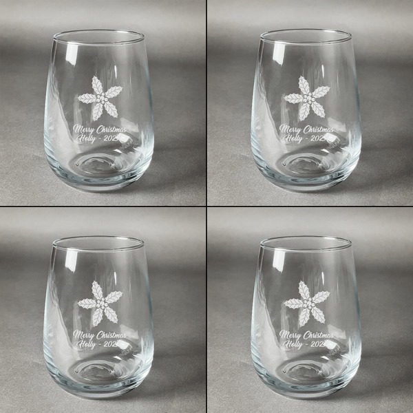 Christmas Holly Set of Four Personalized Stemless Wineglasses (Approval)