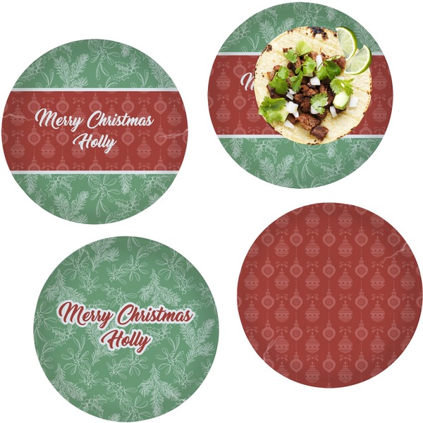 Custom Christmas Holly Set of 4 Glass Lunch / Dinner Plate 10" (Personalized)