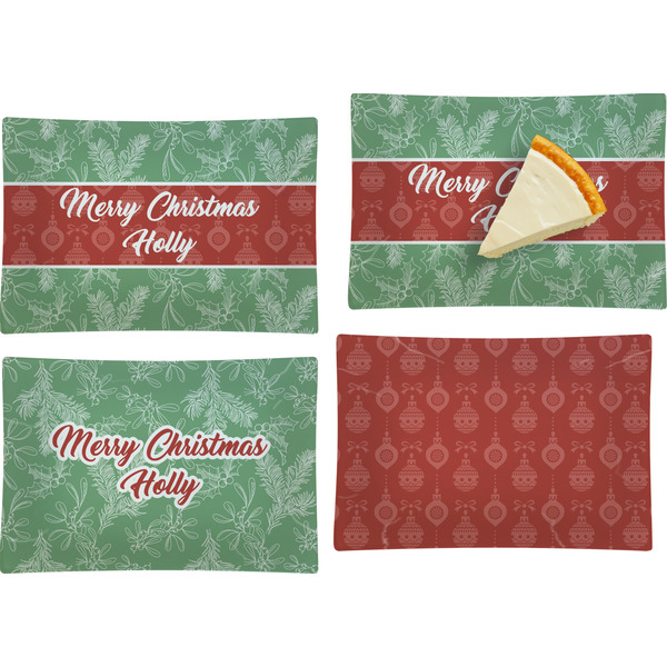 Custom Christmas Holly Set of 4 Glass Rectangular Appetizer / Dessert Plate (Personalized)