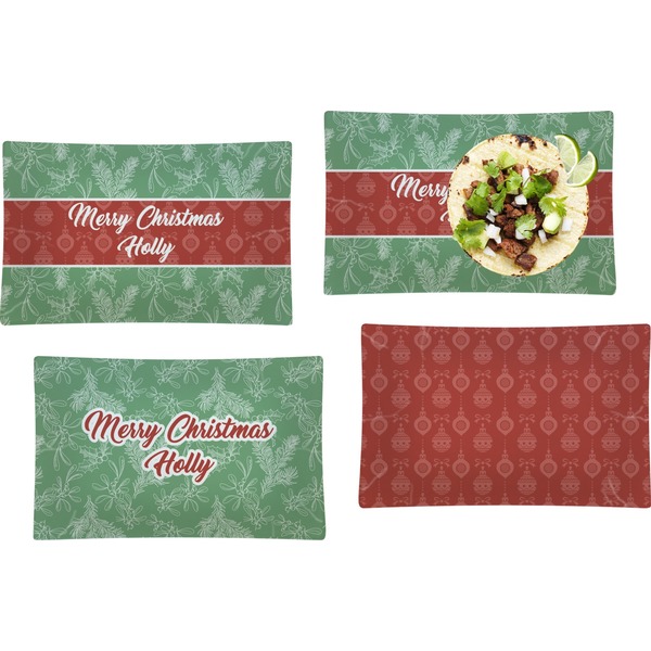 Custom Christmas Holly Set of 4 Glass Rectangular Lunch / Dinner Plate (Personalized)