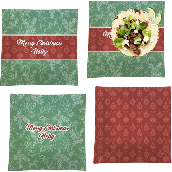 Custom Christmas Holly Set of 4 Glass Square Lunch / Dinner Plate 9.5" (Personalized)