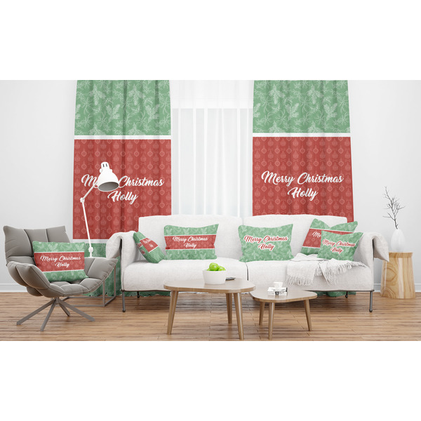 Christmas Holly Sheer and Custom Curtains in Room with Matching Pillows