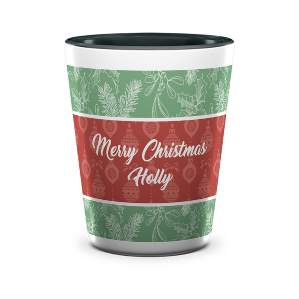 Custom Christmas Holly Ceramic Shot Glass - 1.5 oz - Two Tone - Set of 4 (Personalized)
