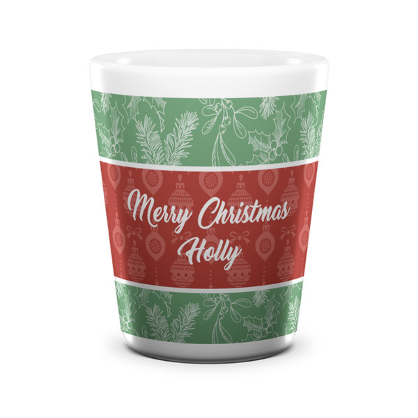 Custom Christmas Holly Ceramic Shot Glass - 1.5 oz - White - Single (Personalized)