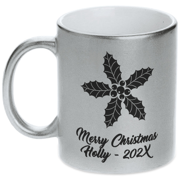 Custom Christmas Holly Metallic Silver Mug (Personalized)
