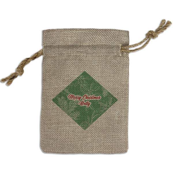 Custom Christmas Holly Small Burlap Gift Bag - Front (Personalized)