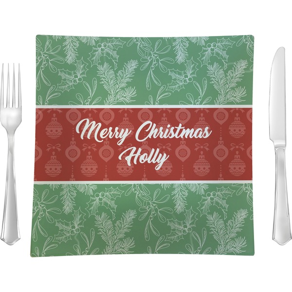 Custom Christmas Holly 9.5" Glass Square Lunch / Dinner Plate- Single or Set of 4 (Personalized)