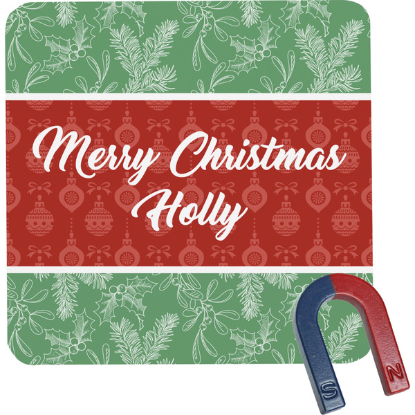 Custom Christmas Holly Square Fridge Magnet (Personalized)