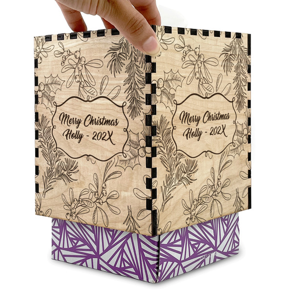 Christmas Holly Square Tissue Box Covers - Wood - with box