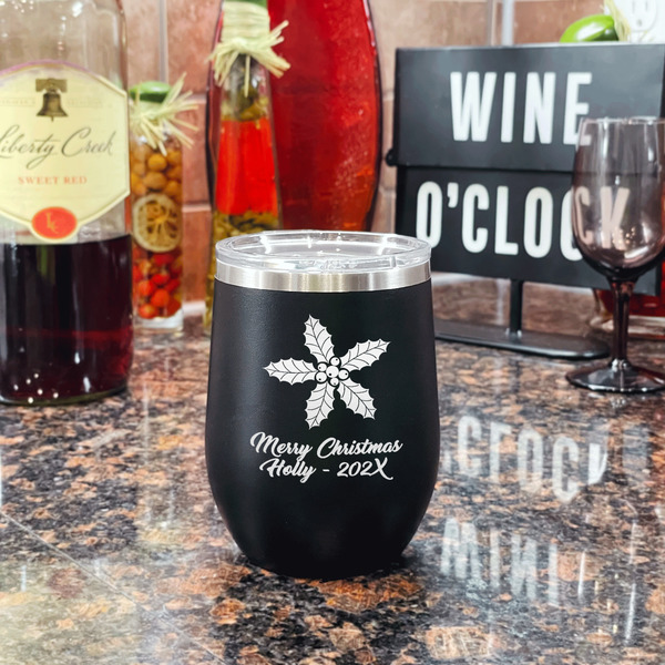 Christmas Holly Stainless Wine Tumblers - Black - Double Sided - In Context