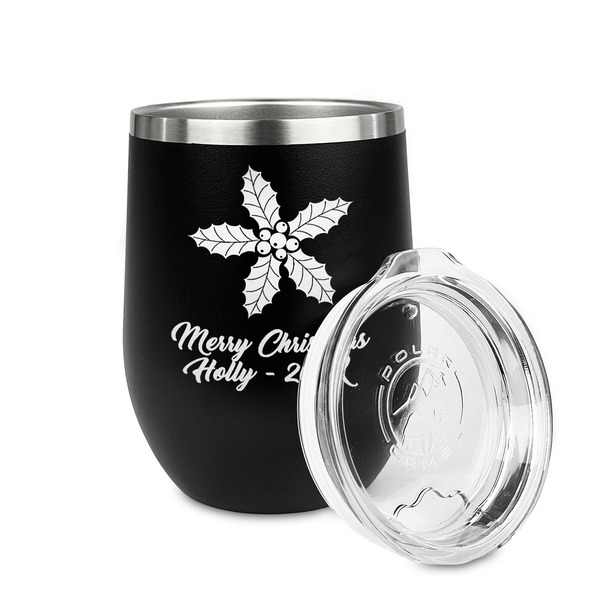 Christmas Holly Stainless Wine Tumblers - Black - Single Sided - Alt View