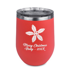 Christmas Holly Stemless Stainless Steel Wine Tumbler - Coral - Double Sided (Personalized)