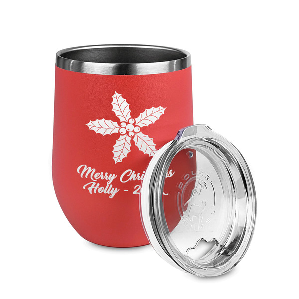 Christmas Holly Stainless Wine Tumblers - Coral - Single Sided - Alt View