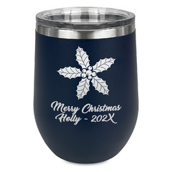 Christmas Holly Stemless Stainless Steel Wine Tumbler - Navy - Double Sided (Personalized)